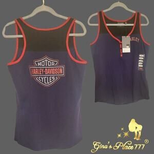 NWT Harley Davidson Women's Logo Bar and Shield 3 Button Down Tank Top Navy XL